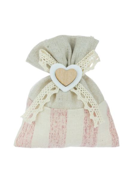 Sacchetto a righe con cuore in legno Rosa 11x10 cm
