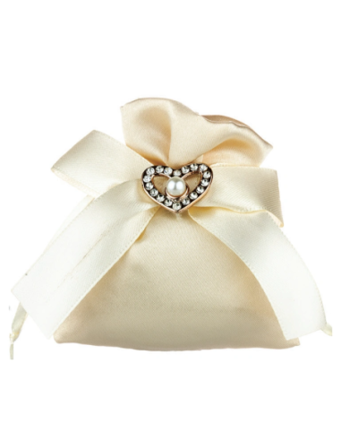 Sacchetto in raso con fiocco e cuore Beige 8x8 cm