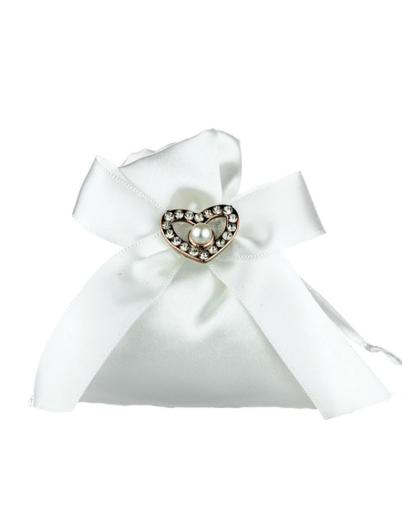 Sacchetto in raso con fiocco e cuore Bianco 8x8 cm