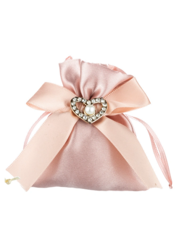 Sacchetto in raso con fiocco e cuore Rosa antico 8x8 cm
