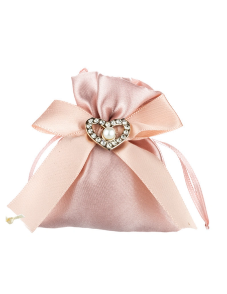 Sacchetto in raso con fiocco e cuore Rosa antico 8x8 cm