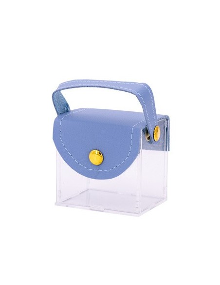 Borsetta rigida trasparente con patta e manico in pelle 6x5x4 cm - celeste