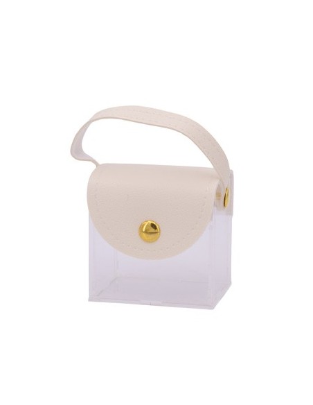 Borsetta rigida trasparente con patta e manico in pelle 6x5x4 cm - panna
