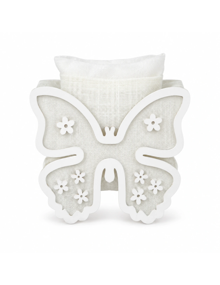 Scatolina in legno farfalla con sacchetto 7x7 cm - bianco