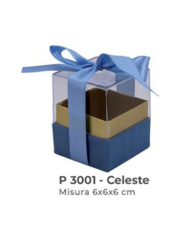 Scatola trasparente con base vellutata e fiocco 6x6x6 cm - celeste
