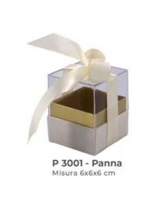 Scatola trasparente con base vellutata e fiocco 6x6x6 cm - panna