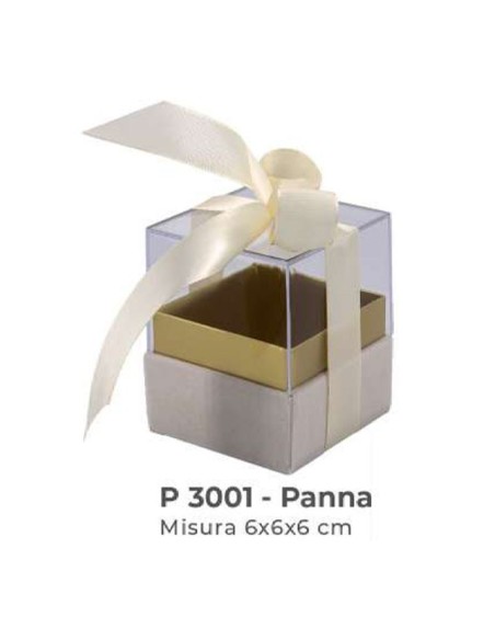 Scatola trasparente con base vellutata e fiocco 6x6x6 cm - panna