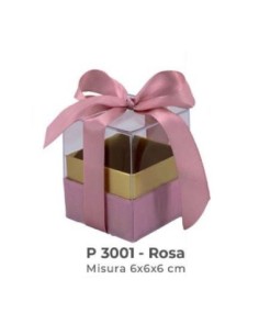 Scatola trasparente con base vellutata e fiocco 6x6x6 cm - rosa