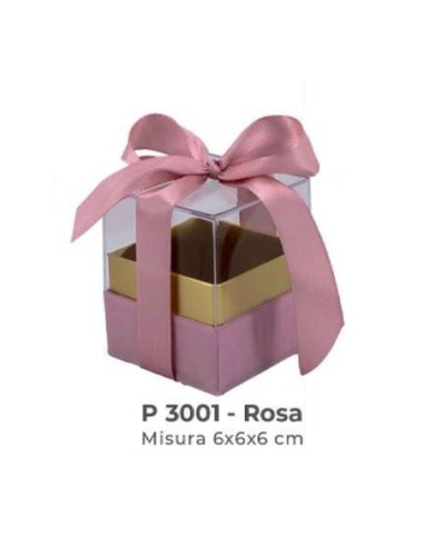 Scatola trasparente con base vellutata e fiocco 6x6x6 cm - rosa