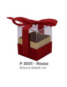 Scatola trasparente con base vellutata e fiocco 6x6x6 cm - rosso