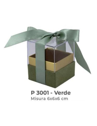 Scatola trasparente con base vellutata e fiocco 6x6x6 cm - verde