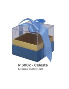 Scatola trasparente con base vellutata e fiocco 8x8x7 cm - celeste