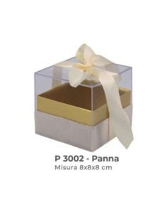 Scatola trasparente con base vellutata e fiocco 8x8x7 cm - panna
