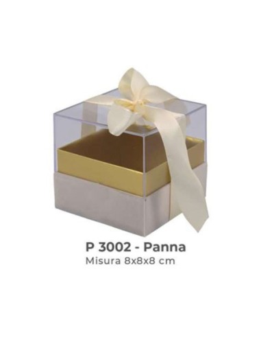 Scatola trasparente con base vellutata e fiocco 8x8x7 cm - panna