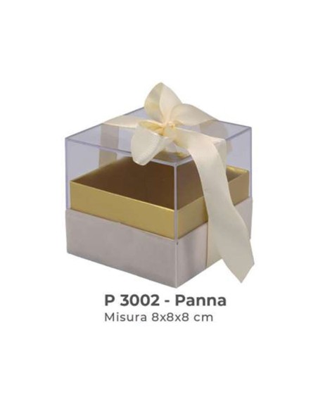 Scatola trasparente con base vellutata e fiocco 8x8x7 cm - panna