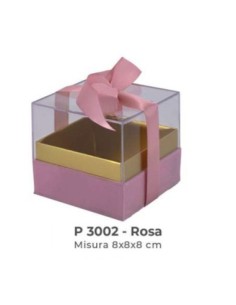 Scatola trasparente con base vellutata e fiocco 8x8x7 cm - rosa