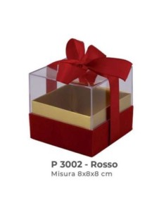 Scatola trasparente con base vellutata e fiocco 8x8x7 cm - rosso