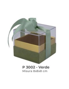 Scatola trasparente con base vellutata e fiocco 8x8x7 cm - verde