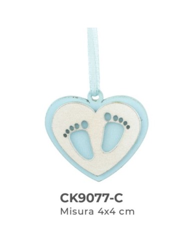 Applicazione in legno Cuore con piedini e nastro 4x4 cm - celeste
