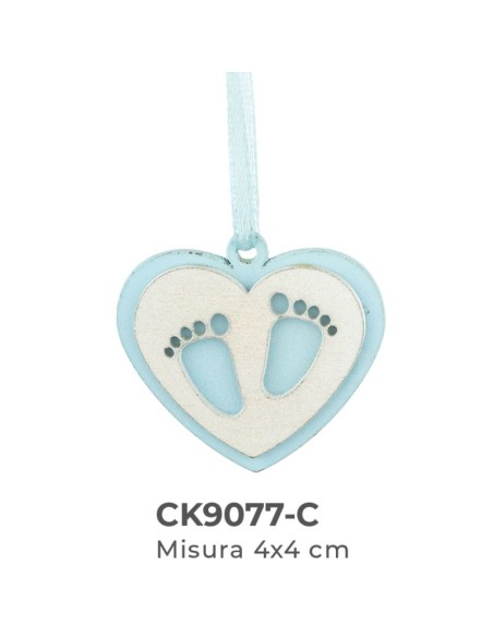 Applicazione in legno Cuore con piedini e nastro 4x4 cm - celeste