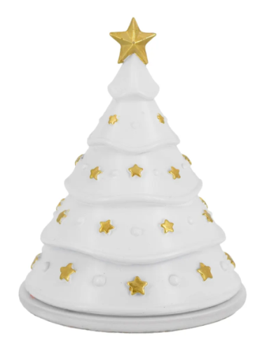 Albero-cupola bianco con presepe argentato e stelline oro