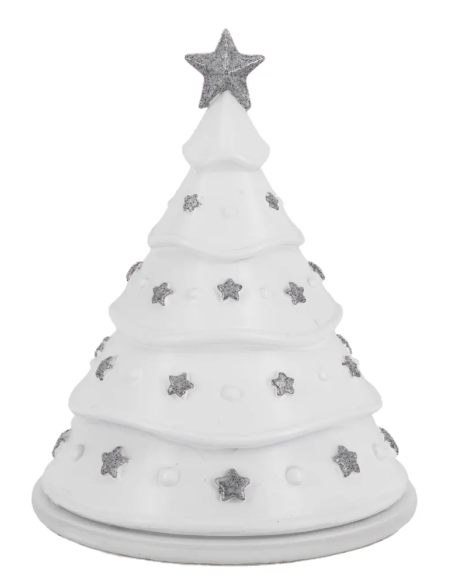 Albero-cupola bianco con presepe argentato e stelline argento