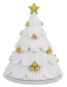 Albero-cupola bianco con presepe argentato e palline oro