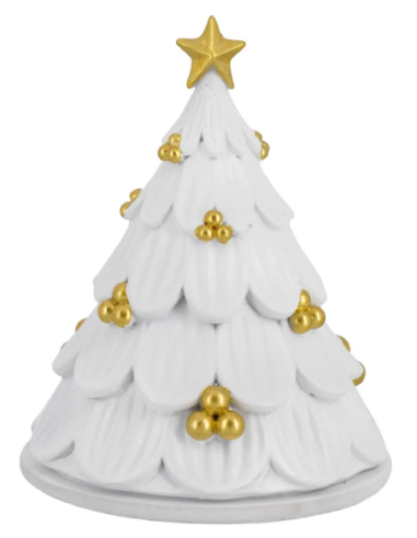 Albero-cupola bianco con presepe argentato e palline oro