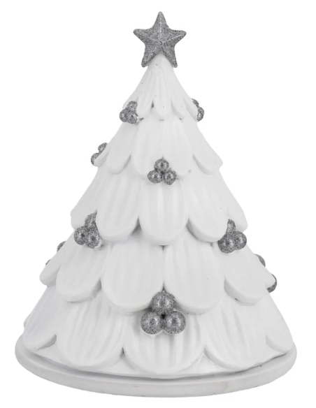 Albero-cupola bianco con presepe argentato e palline argento
