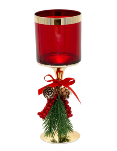 Candeliere natalizio in vetro rosso con stelo oro e pigne 2