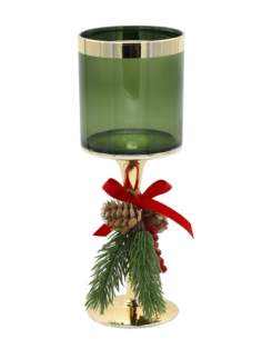 Candeliere natalizio in vetro verde con stelo oro e pigne