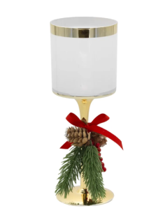 Candeliere natalizio in vetro bianco con stelo oro e pigne