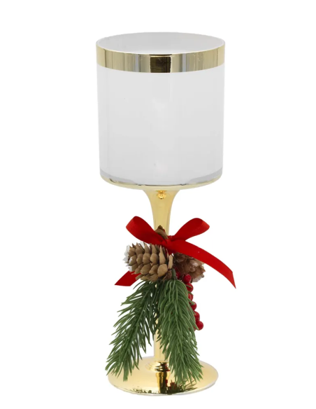 Candeliere natalizio in vetro bianco con stelo oro e pigne