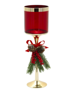 Candeliere natalizio in vetro rosso con stelo oro e pigne