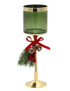 Candeliere natalizio in vetro bianco con stelo oro e pigne 2