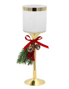 Candeliere natalizio in vetro verde con stelo oro e pigne