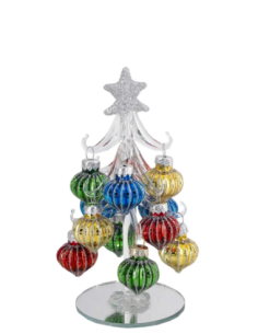 Alberello natalizio bianco con sfere rigate multicolore e stella argento