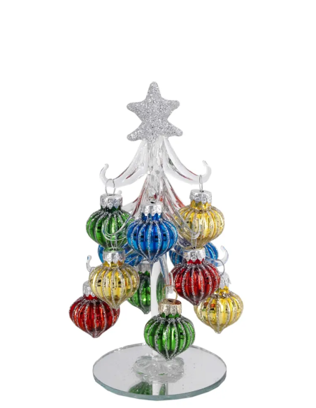 Alberello natalizio bianco con sfere rigate multicolore e stella argento