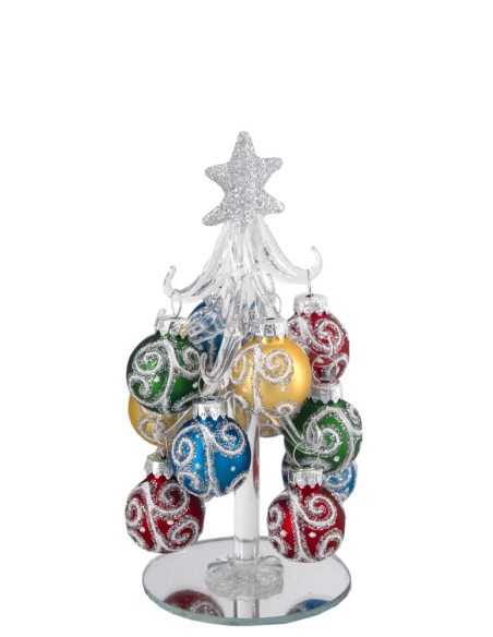 Alberello natalizio bianco con sfere con spirali multicolore e stella argento