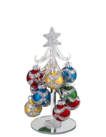 Alberello natalizio bianco con sfere con fasce glitter multicolore e stella argento