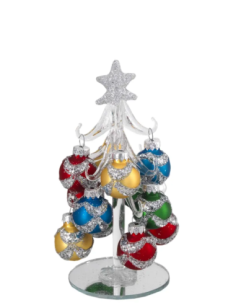 Alberello natalizio bianco con sfere con fasce glitter multicolore e stella argento 2