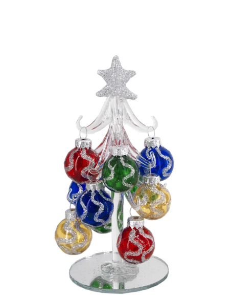 Alberello natalizio bianco con sfere con onde multicolore e stella argento