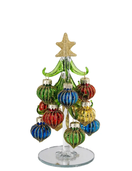 Alberello natalizio verde con sfere rigate multicolore e stella oro