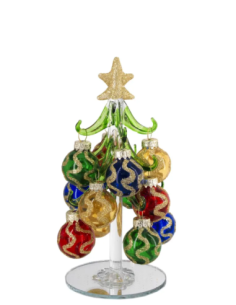 Alberello natalizio verde con sfere con onde multicolore e stella oro