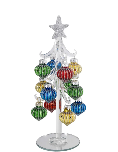 Alberello natalizio bianco con sfere rigate multicolore e stella argento