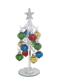 Alberello natalizio bianco con sfere rigate multicolore e stella argento 2