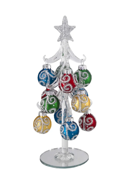 Alberello natalizio bianco con sfere con spirali multicolore e stella argento