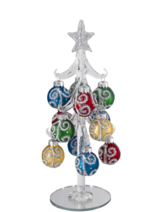 Alberello natalizio bianco con sfere con spirali multicolore e stella argento 2