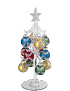 Alberello natalizio bianco con sfere con fasce glitter multicolore e stella argento 2