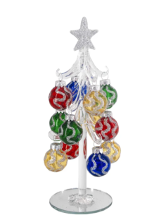 Alberello natalizio bianco con sfere con onde multicolore e stella argento